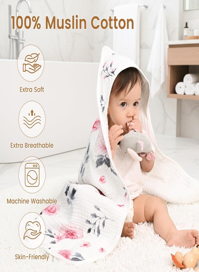 david's kids 2 Pack Baby Hooded Towels, Large 32"x32", 6 Layer 100% Muslin Cotton Absorbent Girl Bath Towel for Newborn, Infant and Toddler. Soft and Breathable Baby Essentials, Pink Floral&Rose - Image 3